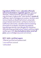 Close-up of the ingredients list for California Baby - Eucalyptus Ease™ Everyday Lotion highlighting natural and certified organic components such as calendula extract, canola oil, aloe vera leaf juice, and eucalyptus with a focus on soothing, eco-conscious wellness for babies and moms.