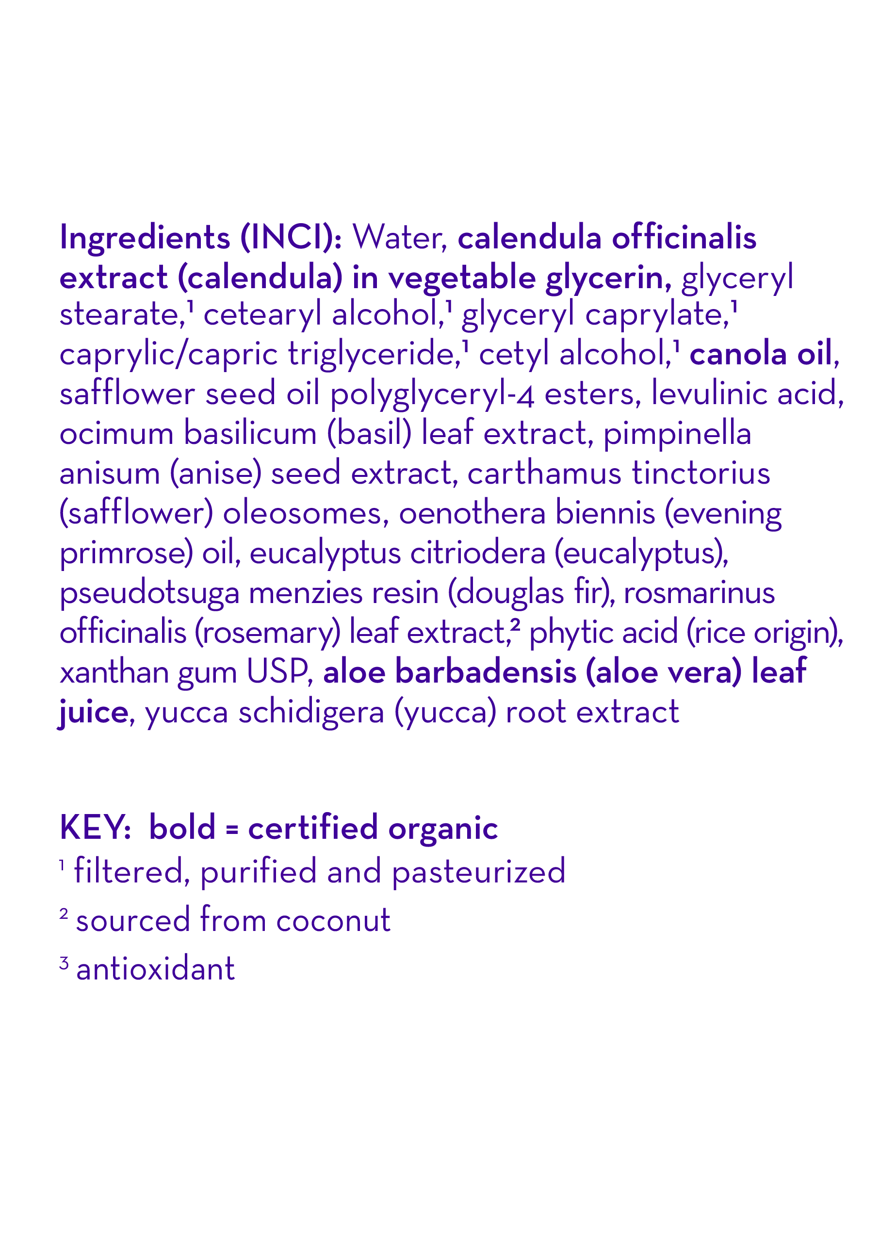 Close-up of the ingredients list for California Baby - Eucalyptus Ease™ Everyday Lotion highlighting natural and certified organic components such as calendula extract, canola oil, aloe vera leaf juice, and eucalyptus with a focus on soothing, eco-conscious wellness for babies and moms.