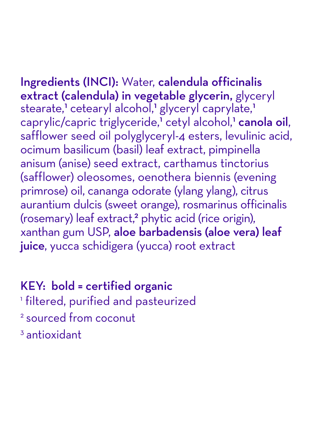 Close-up of the ingredient list for California Baby - I Love You™ Everyday Lotion featuring organic calendula, canola oil, aloe vera leaf juice, and natural plant extracts, reflecting a soothing and gentle formula ideal for delicate skin.