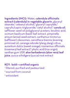 Close-up of the ingredient list for California Baby - I Love You™ Everyday Lotion featuring organic calendula, canola oil, aloe vera leaf juice, and natural plant extracts, reflecting a soothing and gentle formula ideal for delicate skin.