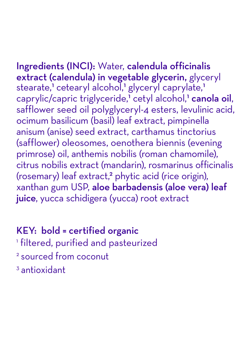 Close-up of the ingredient list for California Baby - Overtired & Cranky™ Everyday Lotion, highlighting certified organic extracts like calendula, aloe vera, canola oil, and soothing botanical oils for gentle care.
