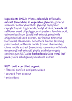 Close-up of the ingredient list for California Baby - Overtired & Cranky™ Everyday Lotion, highlighting certified organic extracts like calendula, aloe vera, canola oil, and soothing botanical oils for gentle care.
