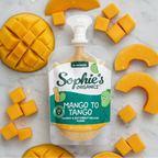Sophie's Organics - Mango To Tango (6-pack) baby puree pouch surrounded by fresh mango and butternut squash pieces, showcasing a natural, organic baby food option for infants.