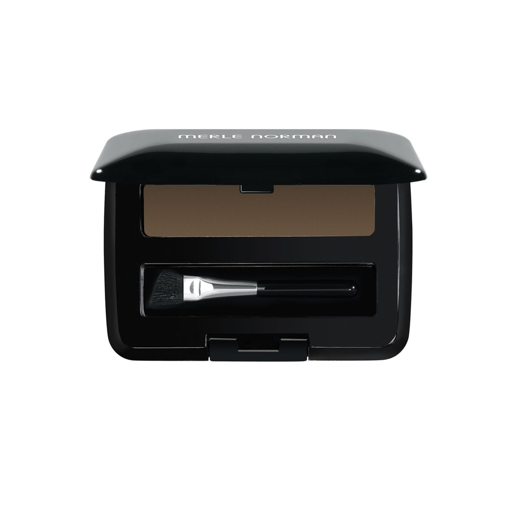 Compact black case with a natural brown brow powder and small angled brush, Merle Norman Cosmetics - Natural Brow Powder, perfect for stylish kids clothing and mom life essentials.