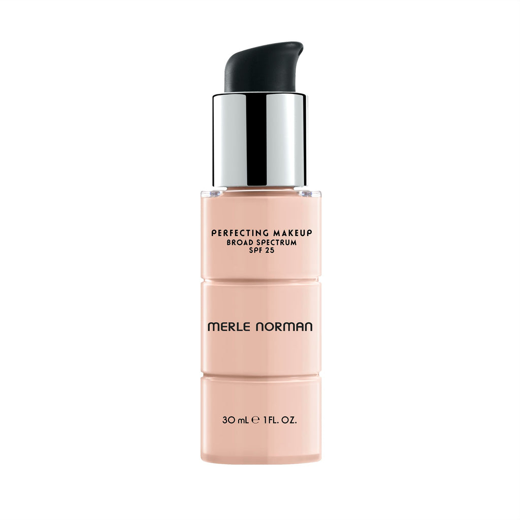 Merle Norman Cosmetics - Perfecting Makeup Broad Spectrum SPF 25 in liquid foundation form with pump dispenser, ideal for mom life essentials in a soft, neutral tone.
