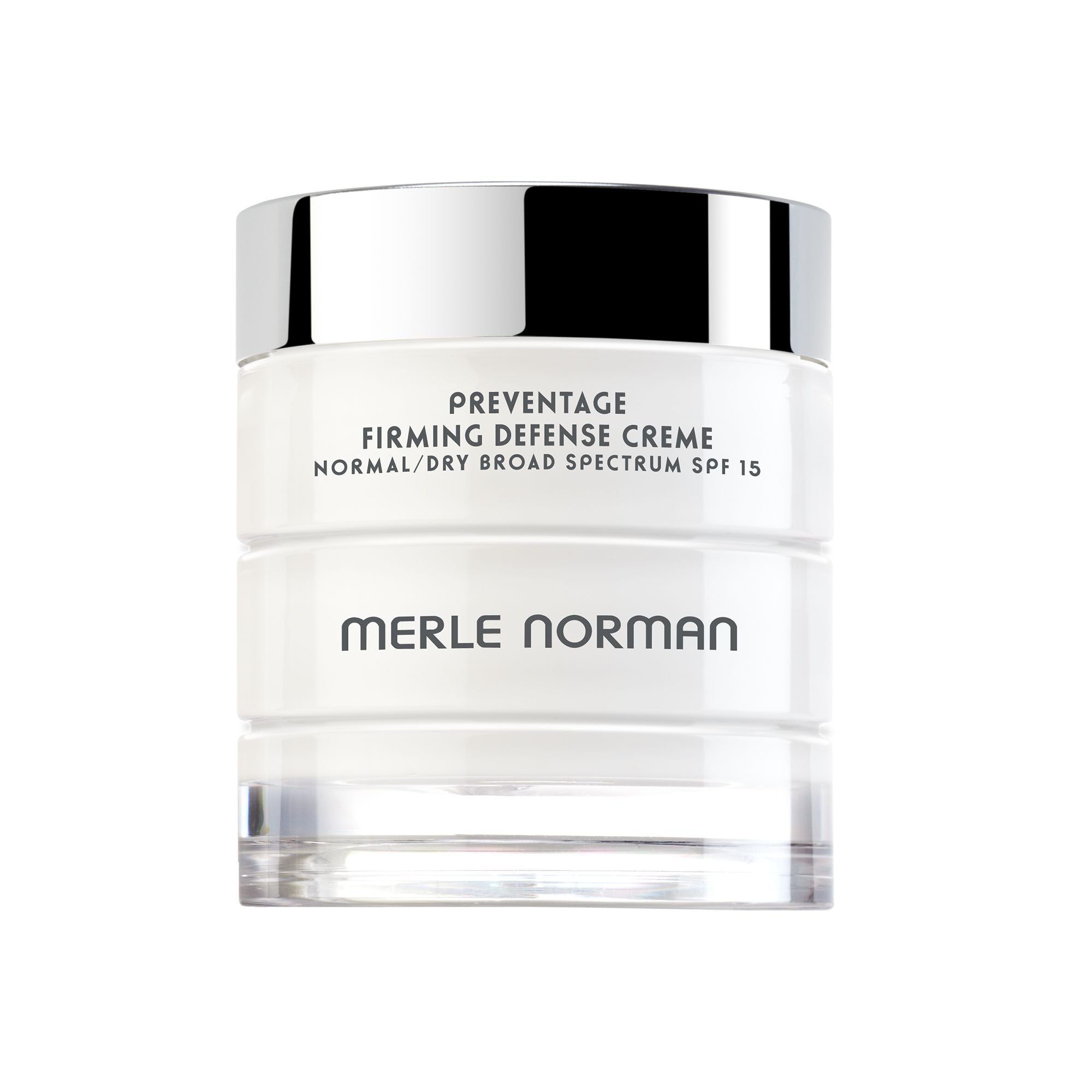 Preventage Firming Defense Creme Normal/Dry Broad Spectrum SPF 15 in a sleek white jar with silver lid, perfect for mom life essentials and stylish skincare routines.