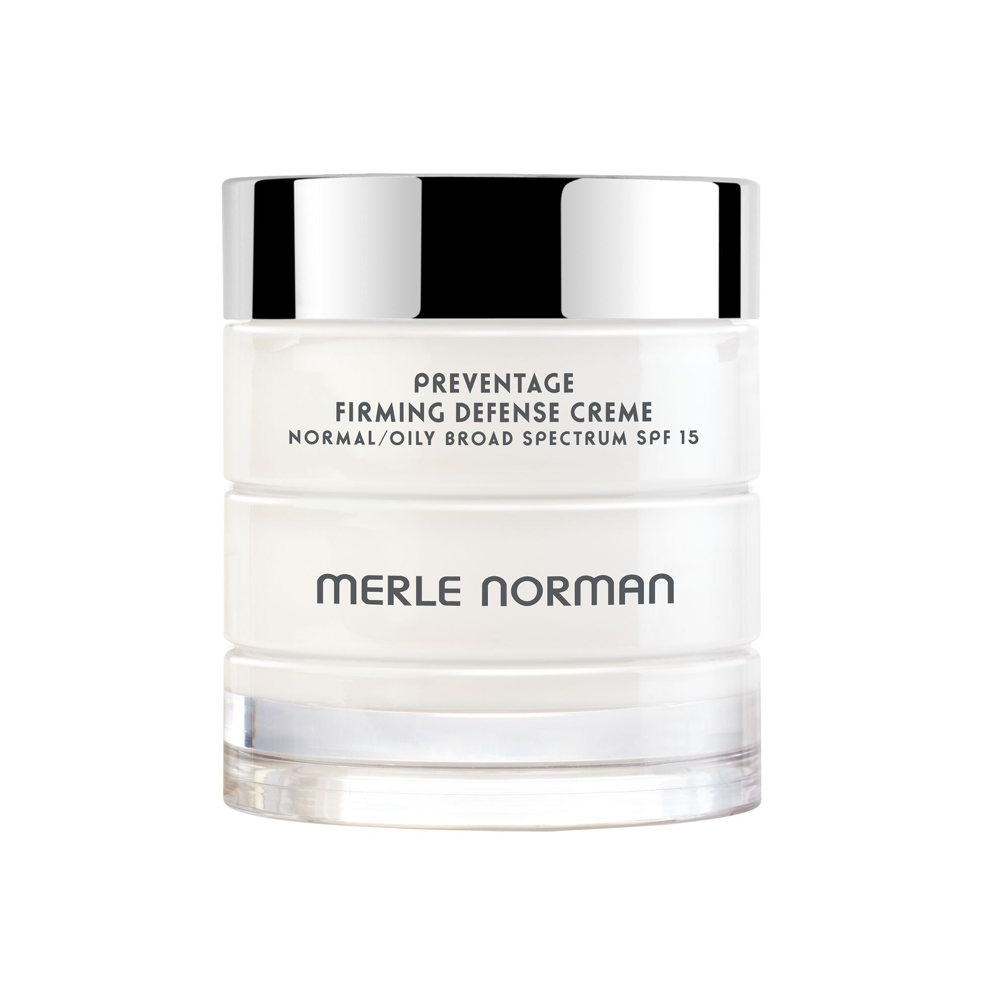 Jar of Preventage Firming Defense Creme Normal/Oily Broad Spectrum SPF 15 with a sleek white and silver design, perfect for mom life essentials collections.