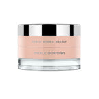 Jar of Purely Mineral Makeup in soft peach tone with reflective silver lid, showcasing smooth mineral foundation suitable for a natural look.