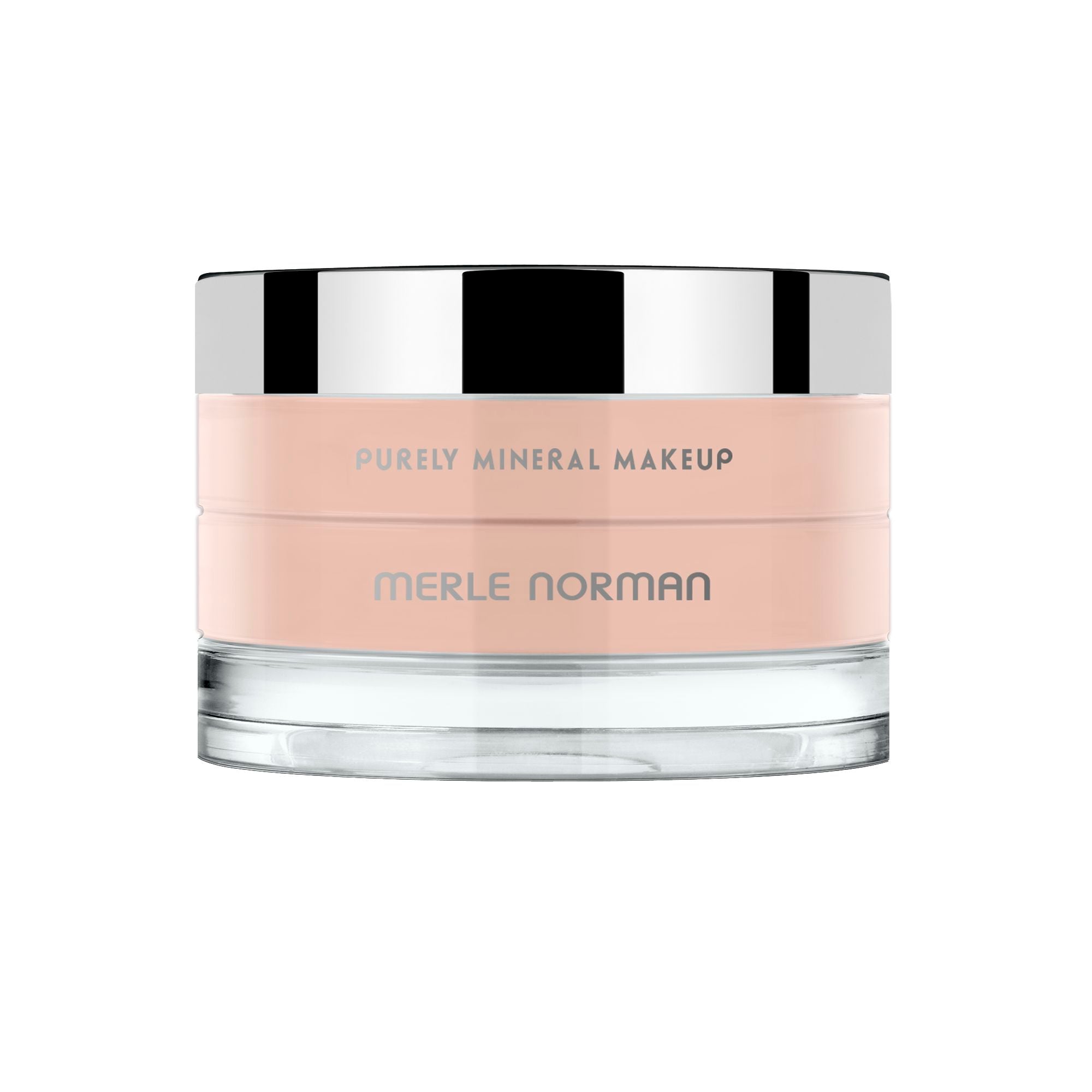 Jar of Purely Mineral Makeup in soft peach tone with reflective silver lid, showcasing smooth mineral foundation suitable for a natural look.