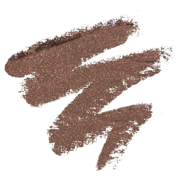 A textured cosmetic swatch of fine glittery brown cream, swirled in three diagonal strokes on a solid white background.