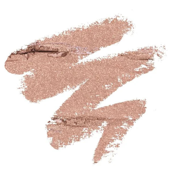 A textured, glittery metallic swatch of a rose gold cosmetic cream, shown in three layered brush strokes on a solid white background.