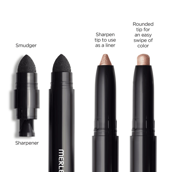 Shadow Stick with dual tips featuring a smudger with built-in sharpener and a sharpened and rounded tip for precise liner and easy color application.