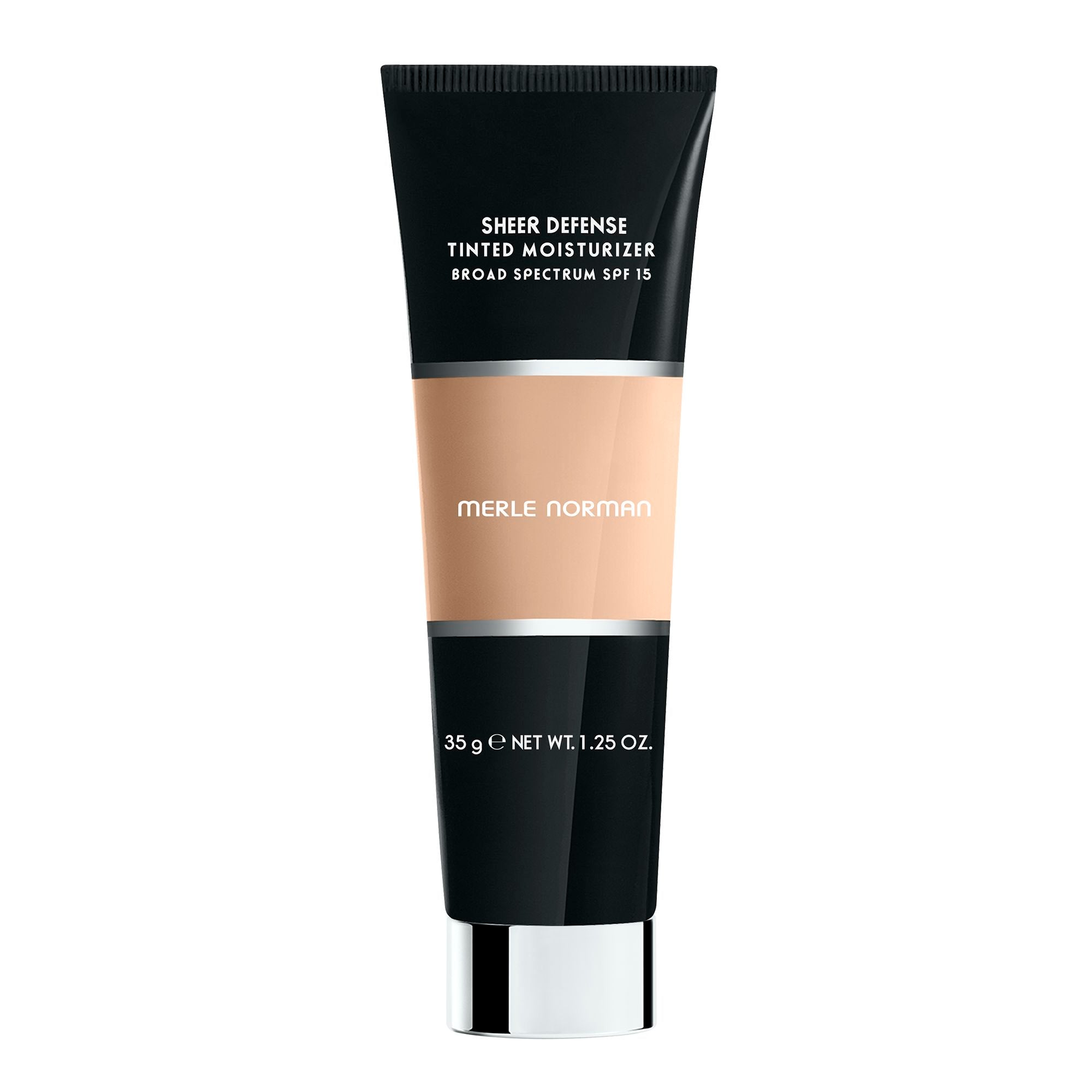 Merle Norman Cosmetics - Sheer Defense Tinted Moisturizer SPF 15 in a sleek black and beige tube, offering lightweight, broad spectrum sun protection and a natural look.