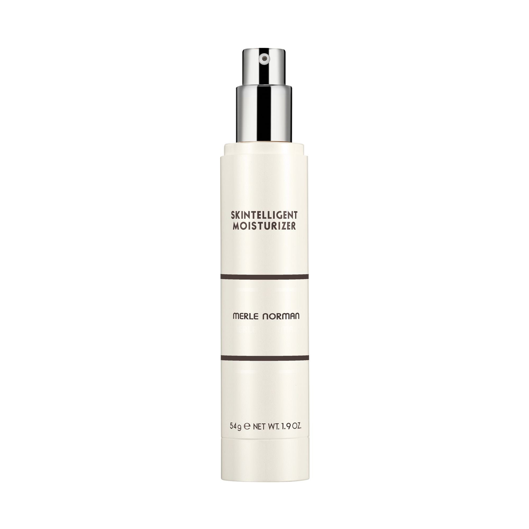 Bottle of Skintelligent Moisturizer with a sleek white and silver pump design, perfect for a stylish kids clothing and mom life essentials boutique.