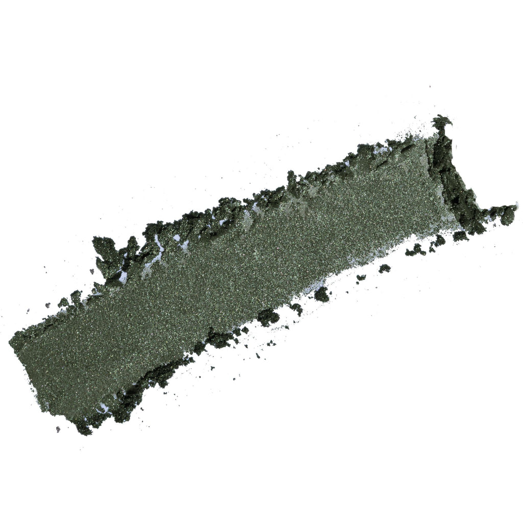 A textured smear of shimmering dark olive green eyeshadow on a plain white background.