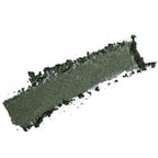 A textured smear of shimmering dark olive green eyeshadow on a plain white background.