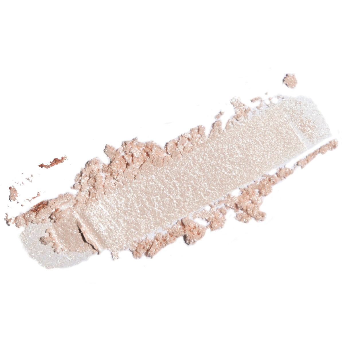 A textured smear of shimmering champagne-beige pressed powder, likely a cosmetic eyeshadow or bronzer, on a solid white background.