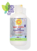 Bottle of California Baby - (No Fragrance) Super Sensitive™ Hair Conditioner labeled as a 100% plant-based, USDA certified biobased product designed for babies, kids, and adults, displayed with a sun logo on a neutral background.
