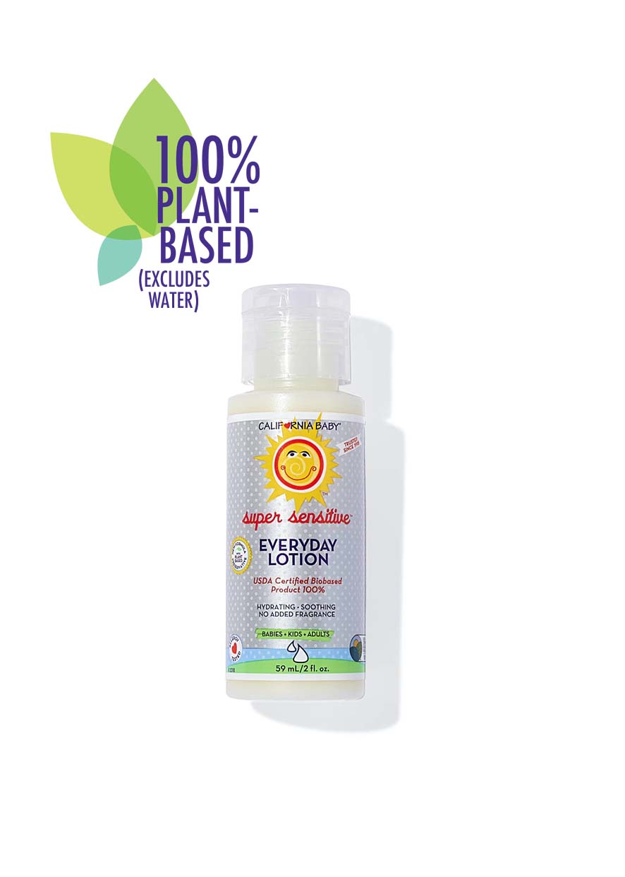 Bottle of California Baby - (No Fragrance) Super Sensitive™ Everyday Lotion with label showing hydrating, soothing, and plant-based ingredients for babies, kids, and adults.