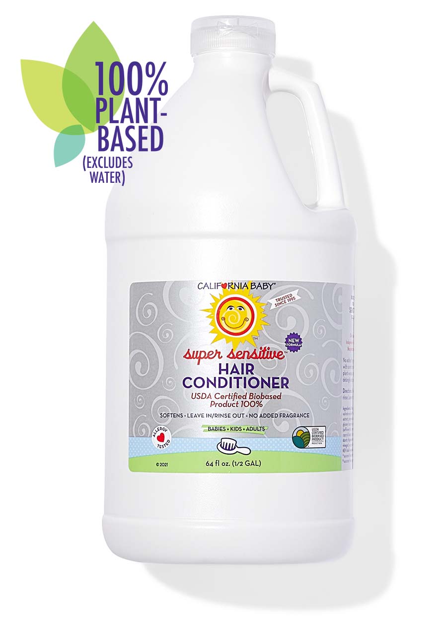 California Baby - (No Fragrance) Super Sensitive™ Hair Conditioner in a large white bottle, featuring 100% plant-based formula, ideal for babies, kids, and adults.