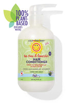 Bottle of California Baby - Tea Tree & Lavender Hair Conditioner featuring plant-based formula, USDA certified biobased product, suitable for babies, kids, and adults.
