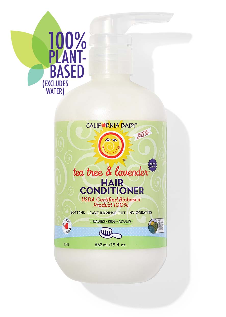 Bottle of California Baby - Tea Tree & Lavender Hair Conditioner featuring plant-based formula, USDA certified biobased product, suitable for babies, kids, and adults.