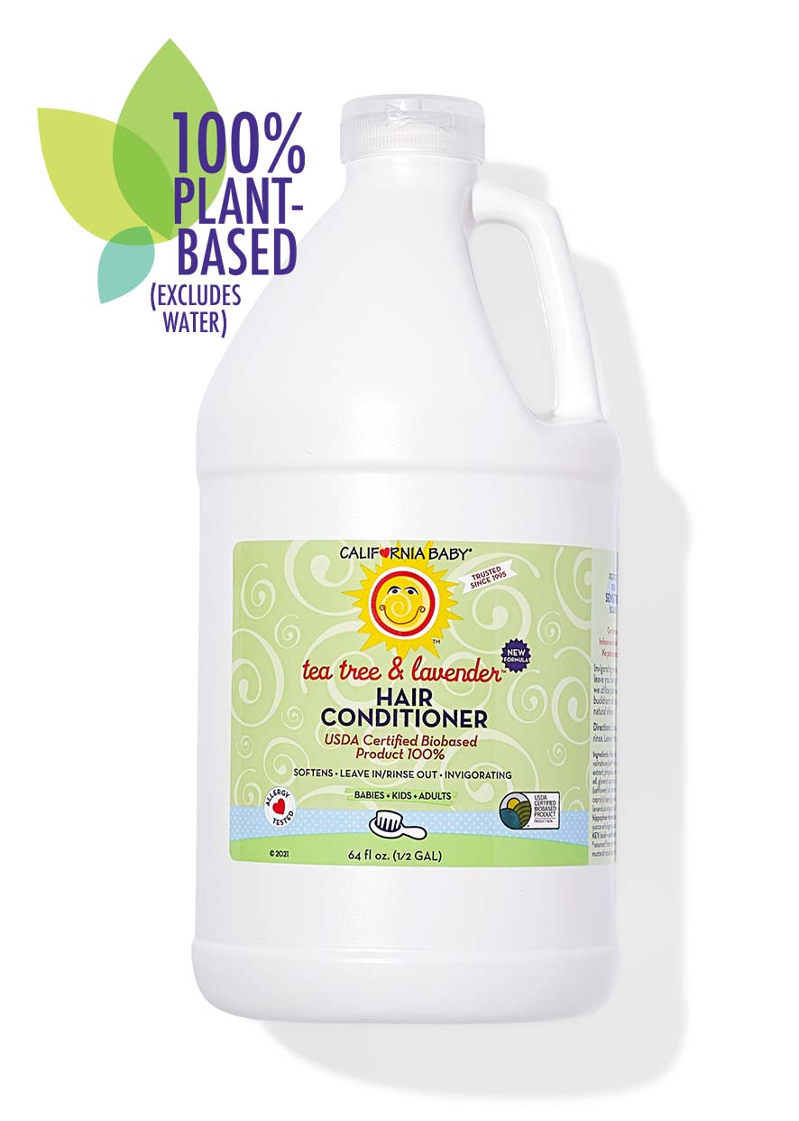 Large white bottle of California Baby - Tea Tree & Lavender Hair Conditioner with green label highlighting 100% plant-based formula, designed for babies, kids, and adults.