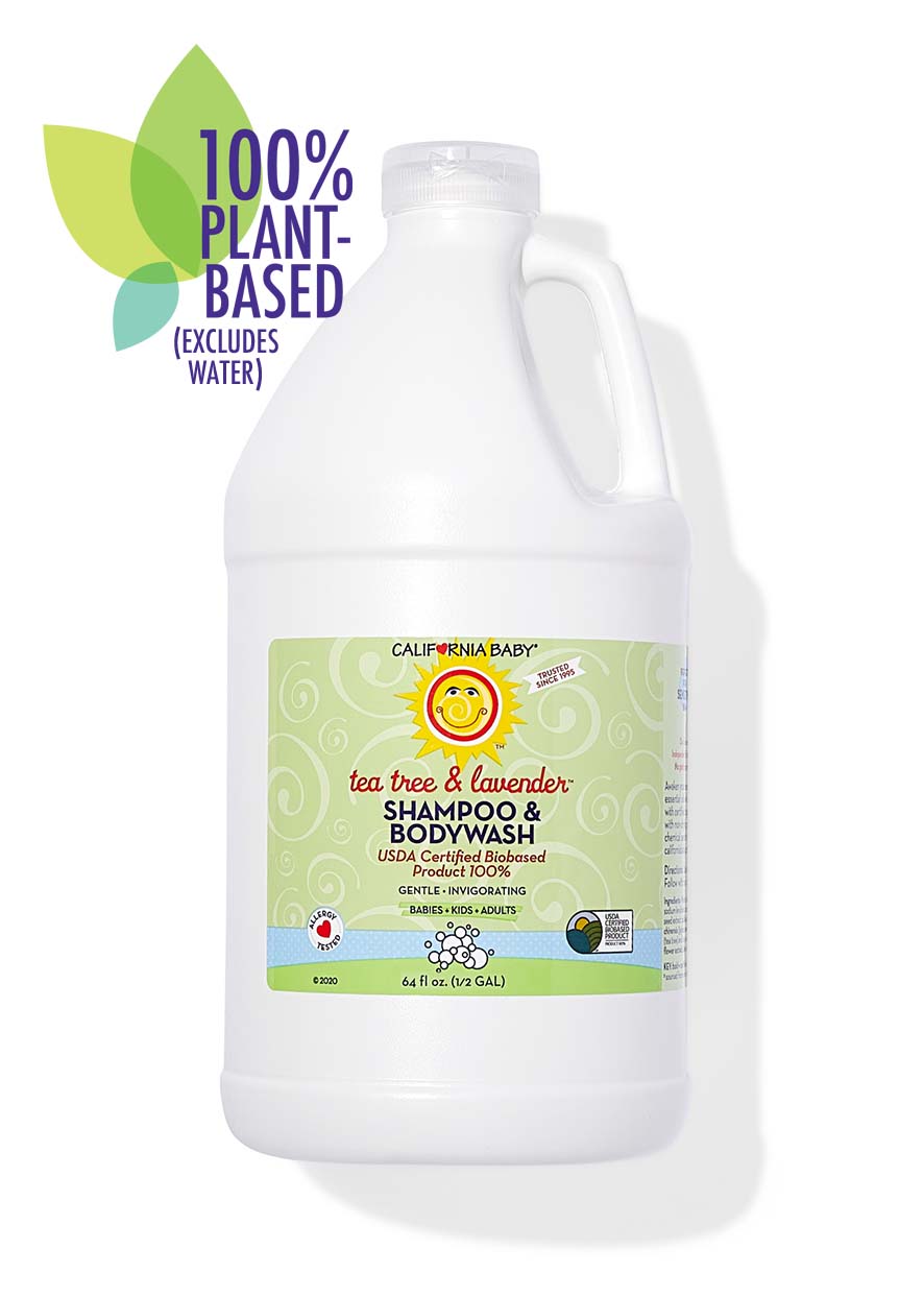 California Baby - Tea Tree & Lavender™ Shampoo & Bodywash in a large white bottle with a green label, highlighting a 100% plant-based formula ideal for babies, kids, and adults.