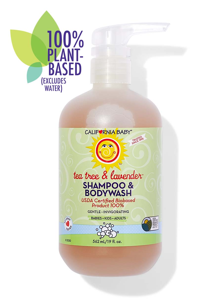 Bottle of California Baby - Tea Tree & Lavender™ Shampoo & Bodywash featuring 100% plant-based formula, gentle and invigorating for babies, kids, and adults.
