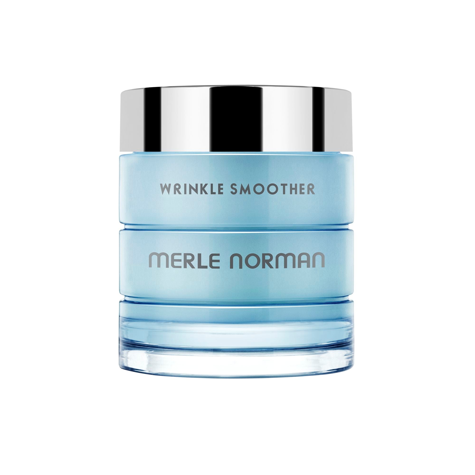 Wrinkle Smoother in a sleek light blue jar with a reflective silver lid, designed to reduce the appearance of wrinkles and promote smooth, youthful skin.